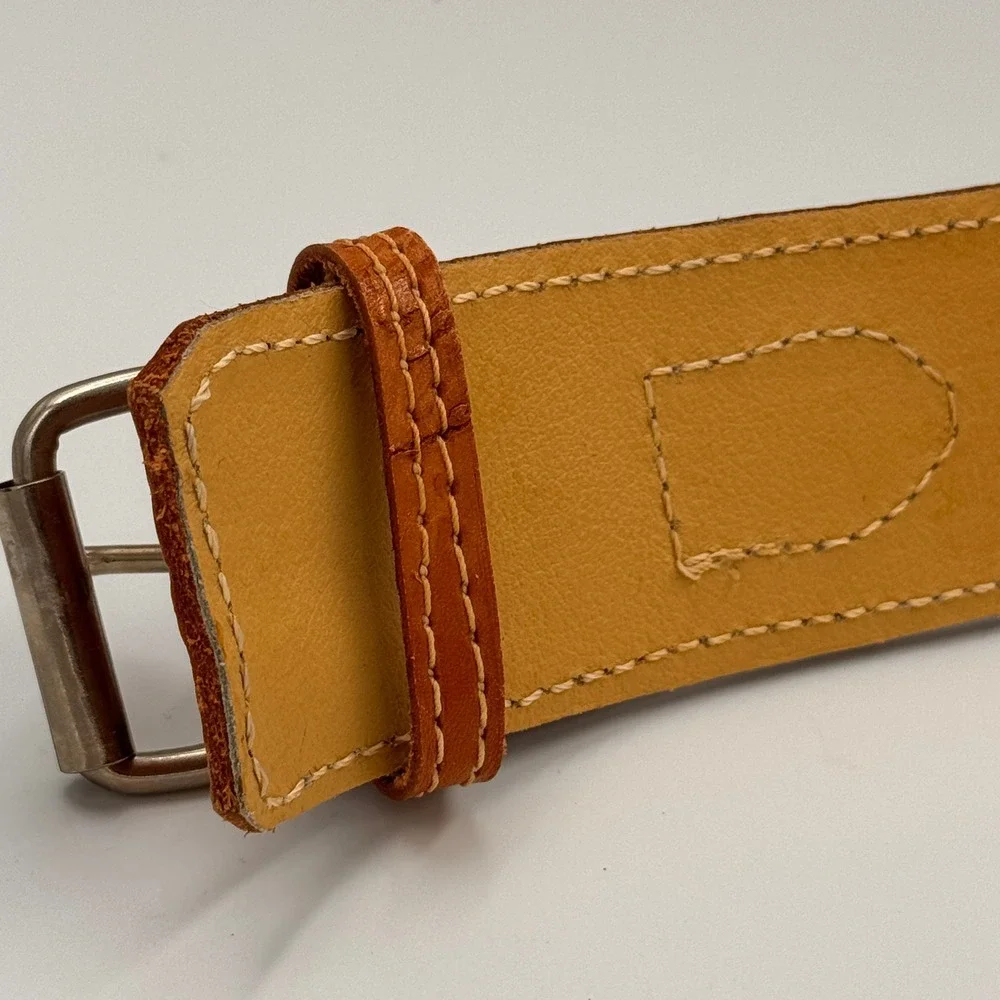 Lifting Workout Rugged Tan Leather Belt Wide Silver Roller Buckle 48 Fitness